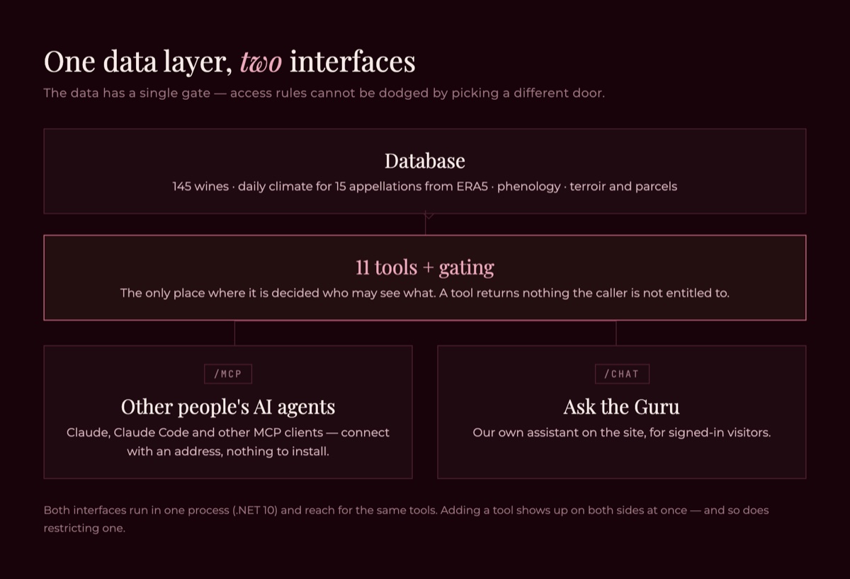 Architecture diagram — the database, 11 tools with gating above it, and two interfaces on top: /mcp for other agents and /chat for the Ask the Guru widget