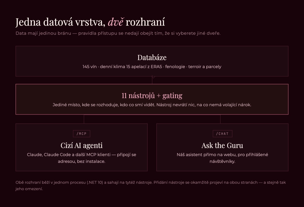 Schéma architektury — databáze, nad ní 11 nástrojů s gatingem a nad nimi dvě rozhraní: /mcp pro cizí AI agenty a /chat pro widget Ask the Guru