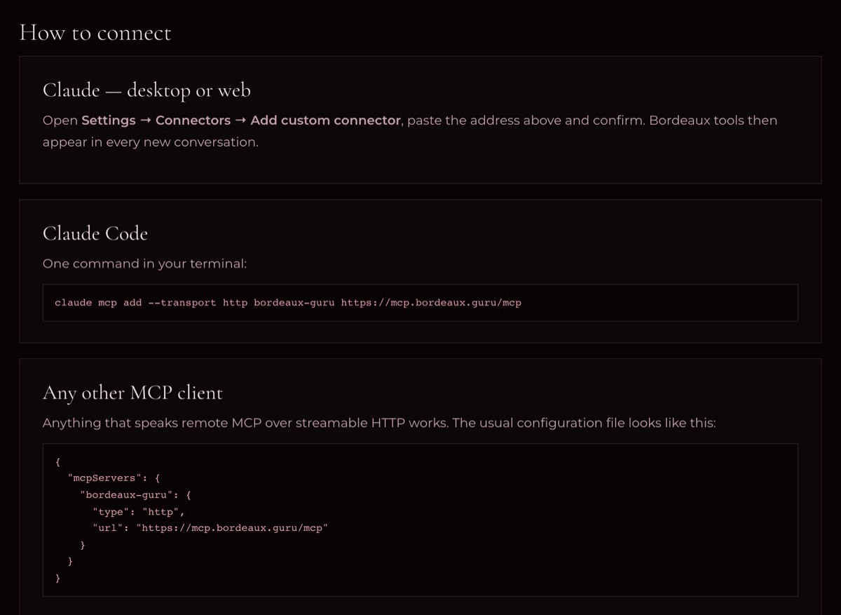How to connect the MCP server — Claude desktop and web, Claude Code, any other client with a configuration JSON
