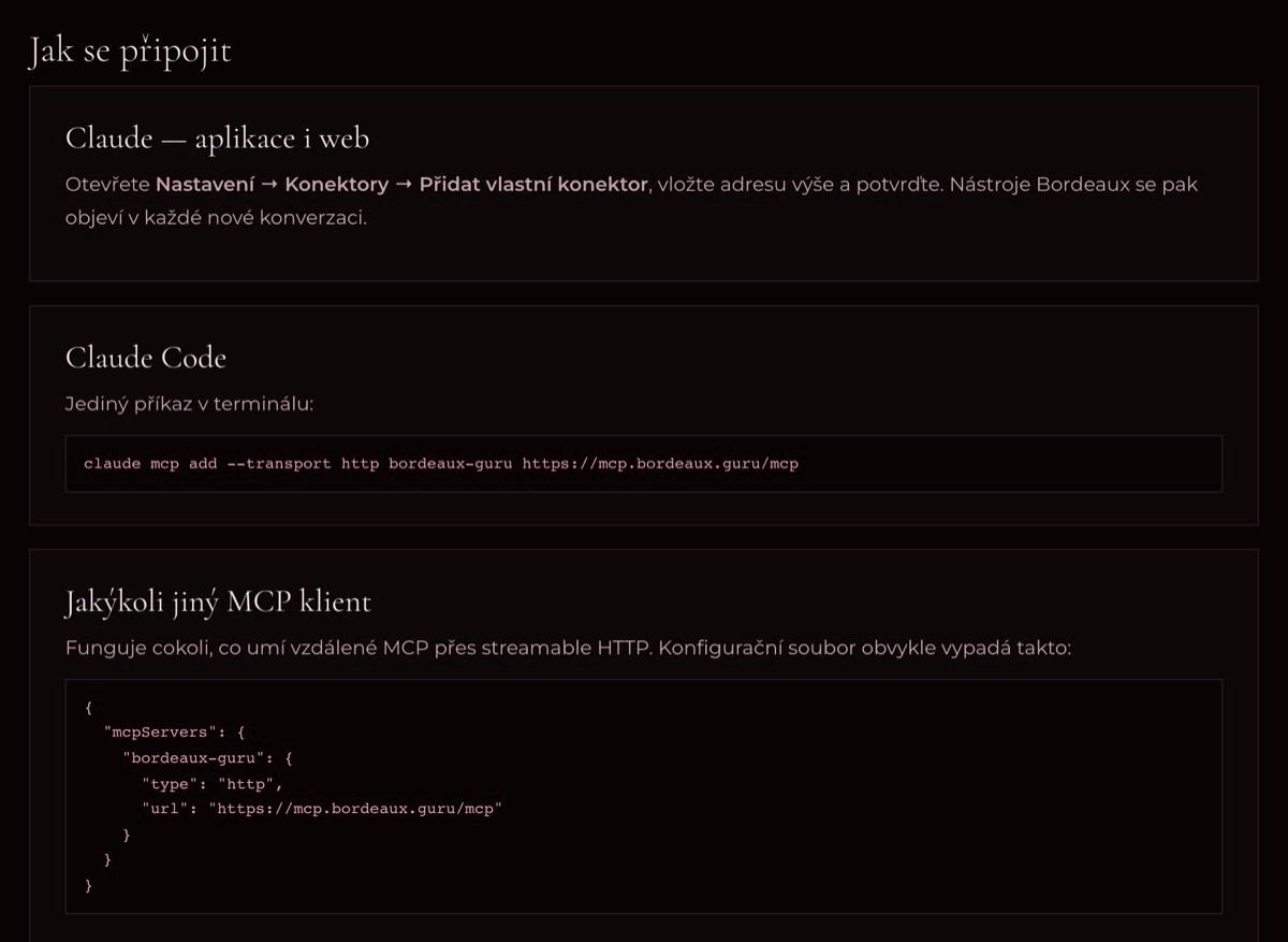 Návody na připojení MCP serveru — Claude aplikace i web, Claude Code, obecný MCP klient s konfiguračním JSONem